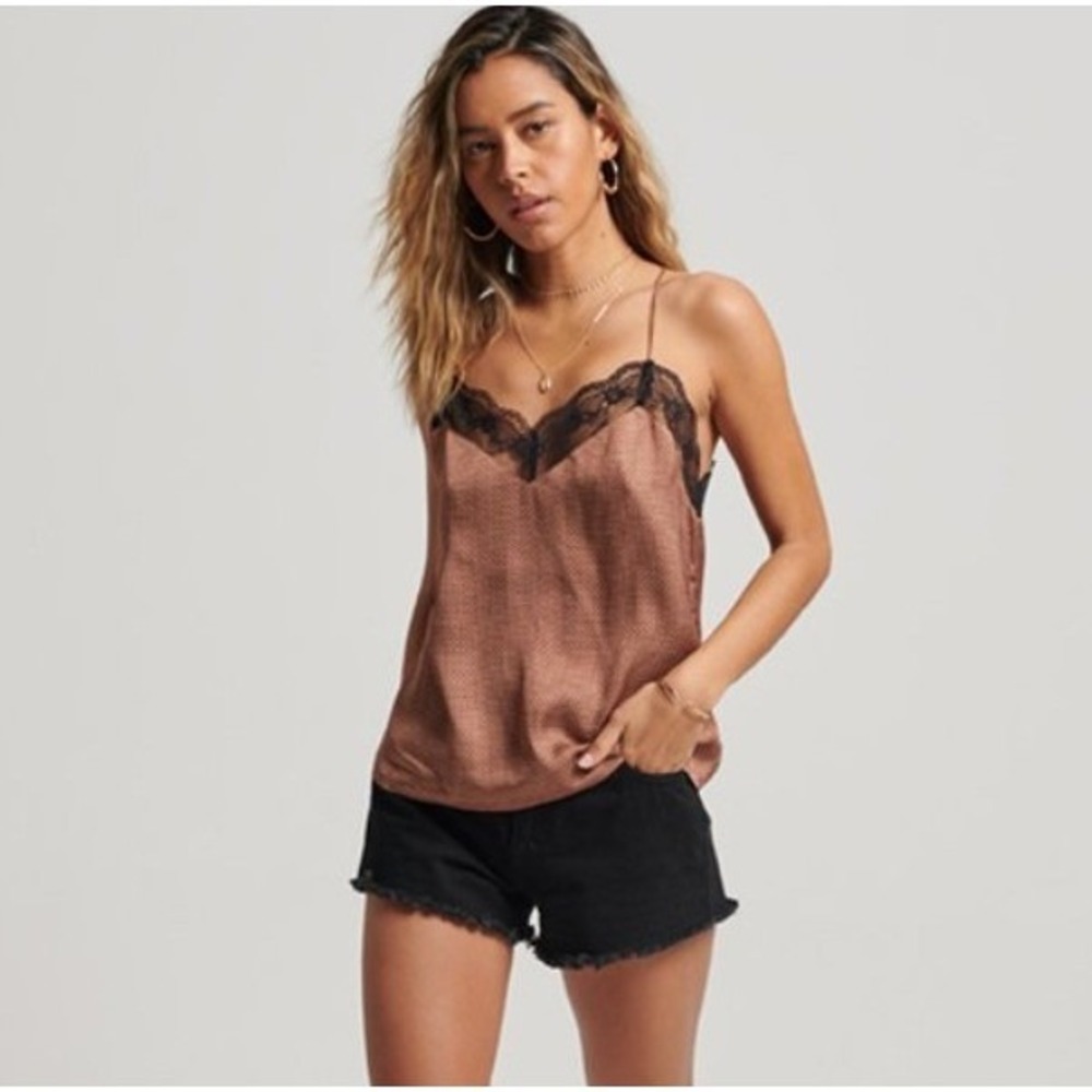 Lace Trim Satin Cami Tank Top - Brown